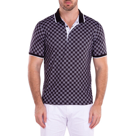 Contrast Checkered Pattern Short Sleeve Polo Shirt // Black (S)