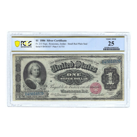 1886 $1 Large Size Silver Certificate // Martha Washington // PCGS Certified VF25