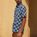 Sufi Short Sleeve Button-Up // Indigo + Blue Checks (M)