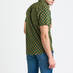 Sheril Short Sleeve Button-Up // Green + Gold Motif (M)