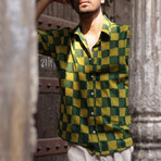 Sufi Short Sleeve Button-Up // Green + Turmeric Checks (M)