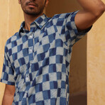 Sufi Short Sleeve Button-Up // Indigo + Blue Checks (M)