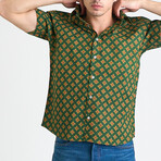 Sheril Short Sleeve Button-Up // Green + Gold Motif (S)