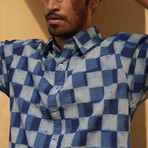 Sufi Short Sleeve Button-Up // Indigo + Blue Checks (L)