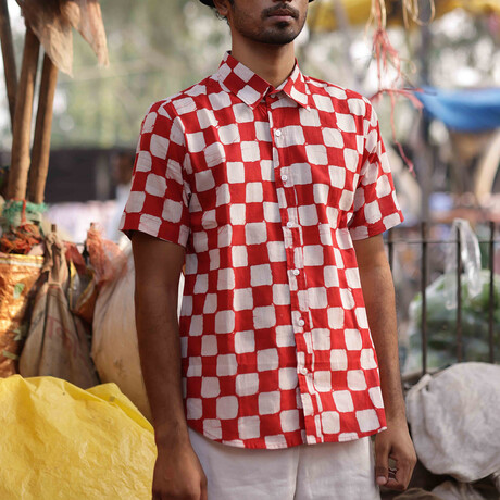 Aby Short Sleeve Button-Up // Red + Pink Chessboard (S)