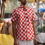 Aby Short Sleeve Button-Up // Red + Pink Chessboard (L)