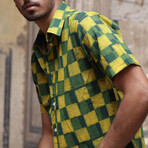 Sufi Short Sleeve Button-Up // Green + Turmeric Checks (S)