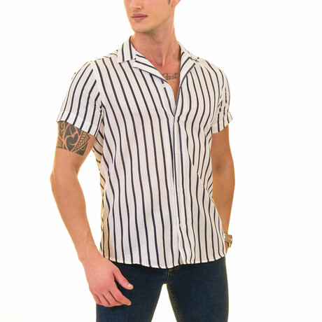 Striped Men's Hawaiian Shirt // Black + White (S)