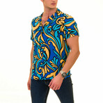 Oversize Abstract Print Men's Hawaiian Shirt // Royal Blue + Gold (XL)