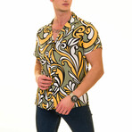 Oversize Abstract Print Men's Hawaiian Shirt // Olive + Gold + White (2XL)