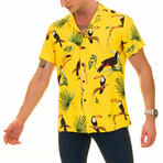 Toucan Print Men's Hawaiian Shirt // Yellow + Green (L)