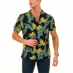 Florals and Foliage Men's Hawaiian Shirt // Yellow + Green + Black (S)