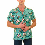 Island Print Men's Hawaiian Shirt // Teal + Pink (S)
