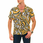 Oversize Abstract Print Men's Hawaiian Shirt // Olive + Gold + White (M)