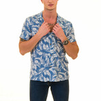 Palm Frond Print Men's Hawaiian Shirt // Blue + White (L)