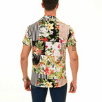 Patchwork Print Men's Hawaiian Shirt // Green + Pink + White (XL)