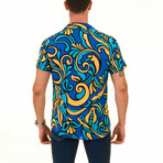 Oversize Abstract Print Men's Hawaiian Shirt // Royal Blue + Gold (L)