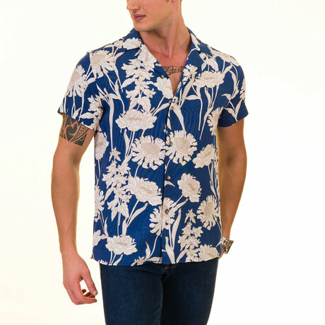 Floral Print Men's Hawaiian Shirt // Blue + White (S)