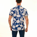 Floral Print Men's Hawaiian Shirt // Blue + White (L)