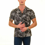 Woodblock Flower Print Men's Hawaiian Shirt // Black + White (XL)