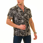 Woodblock Flower Print Men's Hawaiian Shirt // Black + White (L)