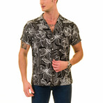 Woodblock Flower Print Men's Hawaiian Shirt // Black + White (XL)