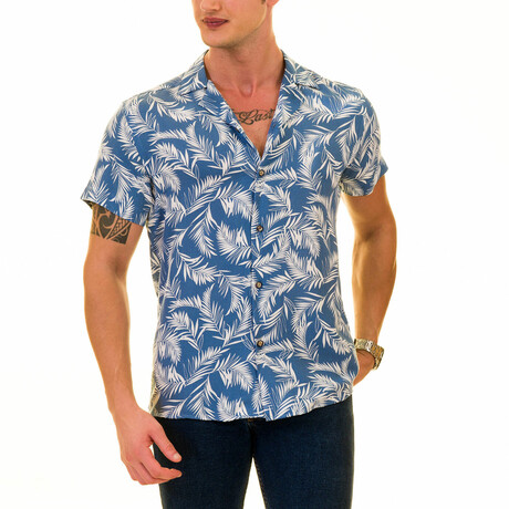 Palm Frond Print Men's Hawaiian Shirt // Blue + White (S)