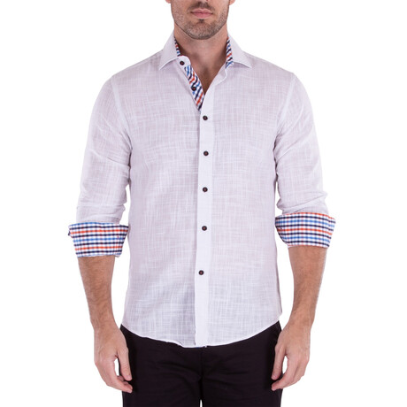 Linen Texture Contrast Cuff Long Sleeve Button-Up Shirt // White (XS)