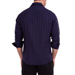 Linen Texture Long Sleeve Button-Up Shirt // Navy (L)