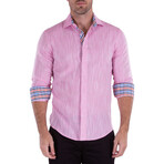 Linen Texture Contrast Cuff Long Sleeve Button-Up Shirt // Pink (XL)