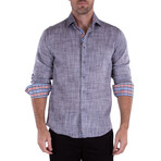 Linen Texture Contrast Cuff Long Sleeve Button-Up Shirt // Black (L)