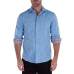 Linen Texture Contrast Cuff Long Sleeve Button-Up Shirt // Turquoise (L)