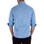 Linen Texture Contrast Cuff Long Sleeve Button-Up Shirt // Turquoise (M)
