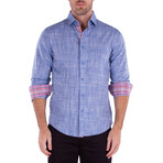 Linen Texture Contrast Cuff Long Sleeve Button-Up Shirt // Blue (XL)