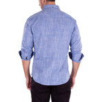Linen Texture Contrast Cuff Long Sleeve Button-Up Shirt // Blue (2XL)