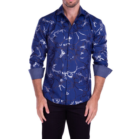Abstract Metallic Chain Long Sleeve Button-Up Shirt // Navy (XS)