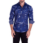 Abstract Metallic Chain Long Sleeve Button-Up Shirt // Navy (L)