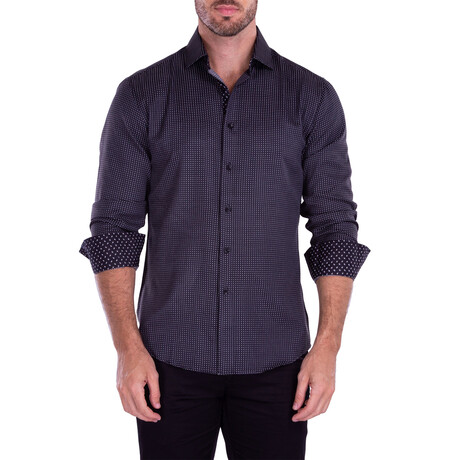 Micro Polka Dot Print Long Sleeve Button-Up Shirt // Black (XS)
