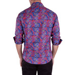 Wild Print Long Sleeve Button-Up Shirt // Red + Blue (L)