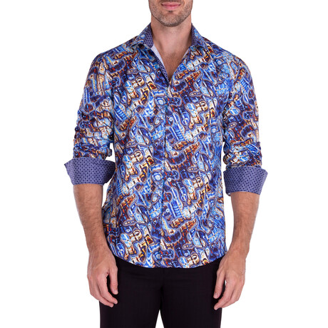 Abstract Art Print Long Sleeve Button-Up Shirt // Blue (XS)