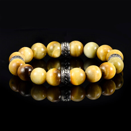 Golden Tiger Eye Stone + Stainless Steel Accents Stretch Bracelet // 8"