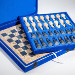 Large Black and Tan Onyx Chess Set With Blue Velvet Box