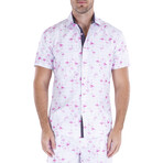 Tropic Flamingo Short Sleeve Button Up Shirt // White (L)