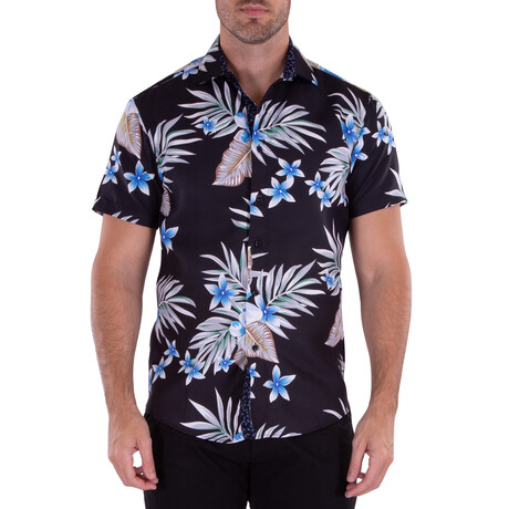 Tropical Leafy Flower Short Sleeve Button Up Shirt // Black (XS)
