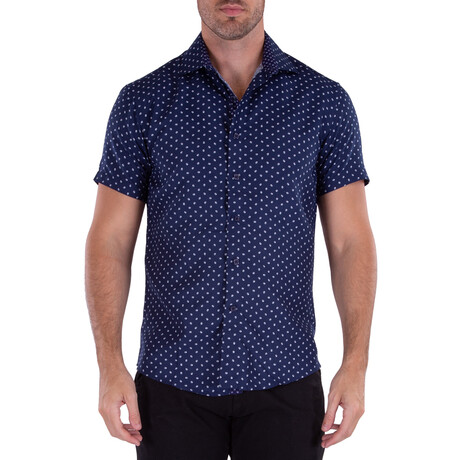 Nautical Dotted Short Sleeve Button Up Shirt // Navy (L)