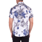 Floral Leaf Short Sleeve Button Up Shirt // White + Blue (L)