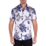 Floral Leaf Short Sleeve Button Up Shirt // White + Blue (S)