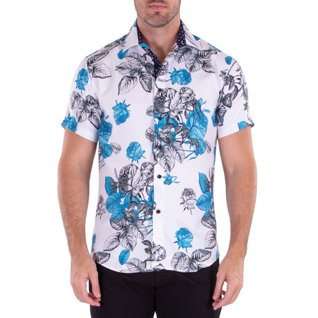 Rose and Leaf Short Sleeve Button Up Shirt // White + Blue (XS)