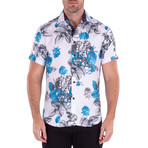 Rose and Leaf Short Sleeve Button Up Shirt // White + Blue (XL)