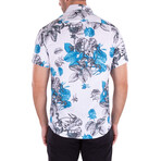 Rose and Leaf Short Sleeve Button Up Shirt // White + Blue (3XL)